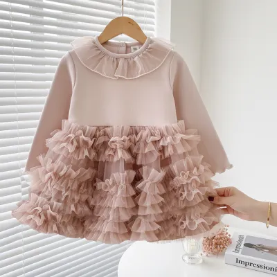 Kids Baby Girl Princess Style Solid Color Puffy Mesh Long-Sleeve Dress with Cotton Lining