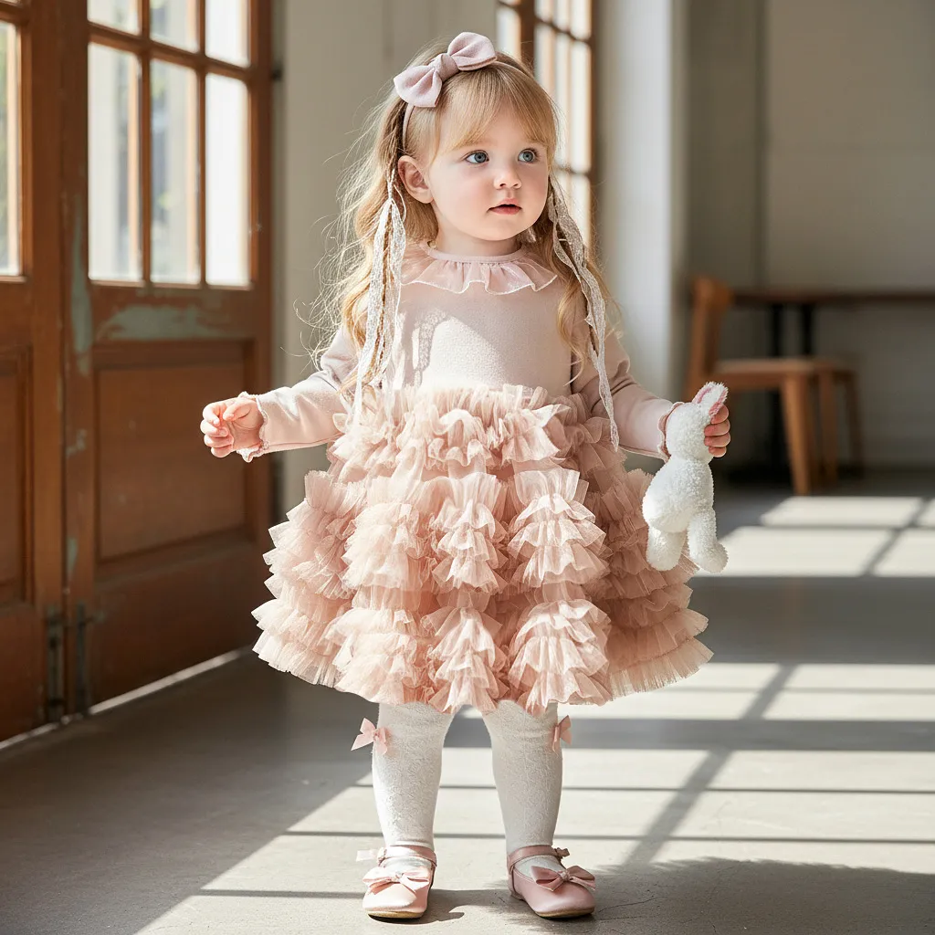 Kids Baby Girl Princess Style Solid Color Puffy Mesh Long-Sleeve Dress with Cotton Lining