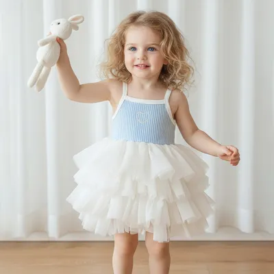 Kids Baby Girl Fashion Cute Summer Stitching Spaghetti Strap Mesh Ruffled Cotton Dress