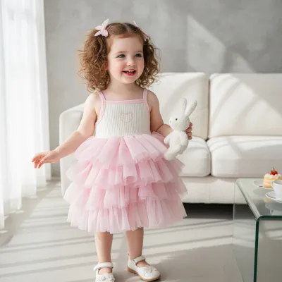 Kids Baby Girl Fashion Cute Summer Stitching Spaghetti Strap Mesh Ruffled Cotton Dress
