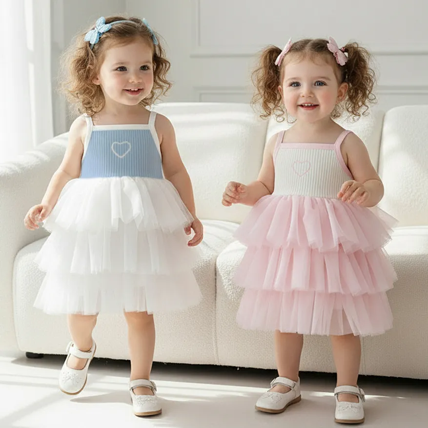 Kids Baby Girl Fashion Cute Summer Stitching Spaghetti Strap Mesh Ruffled Cotton Dress