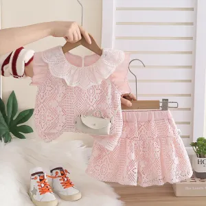 Kids Girl's Fashion Cute Summer Cotton Solid Color Hollow Lapel Sleeveless Top Loose Shorts Two-Piece Set