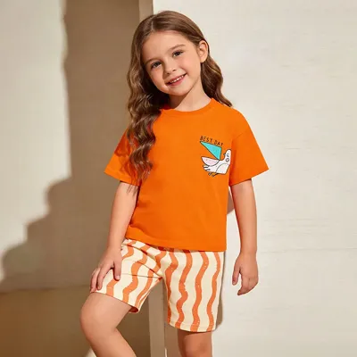 Kids Girls Casual Summer Cartoon Printed Short-Sleeve T-Shirt Shorts Two-Piece Set Cotton
