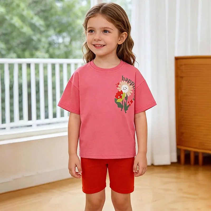 Kids Girls Fashion Casual Summer Cartoon Floral Round Neck Short-Sleeve T-Shirt and Shorts Two-Piece Set