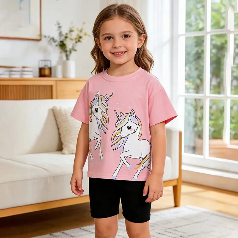 Fashion Cartoon Spring Summer Unicorn Printed Round Neck Short-Sleeve T-Shirt Shorts Two-Piece Set For Girls