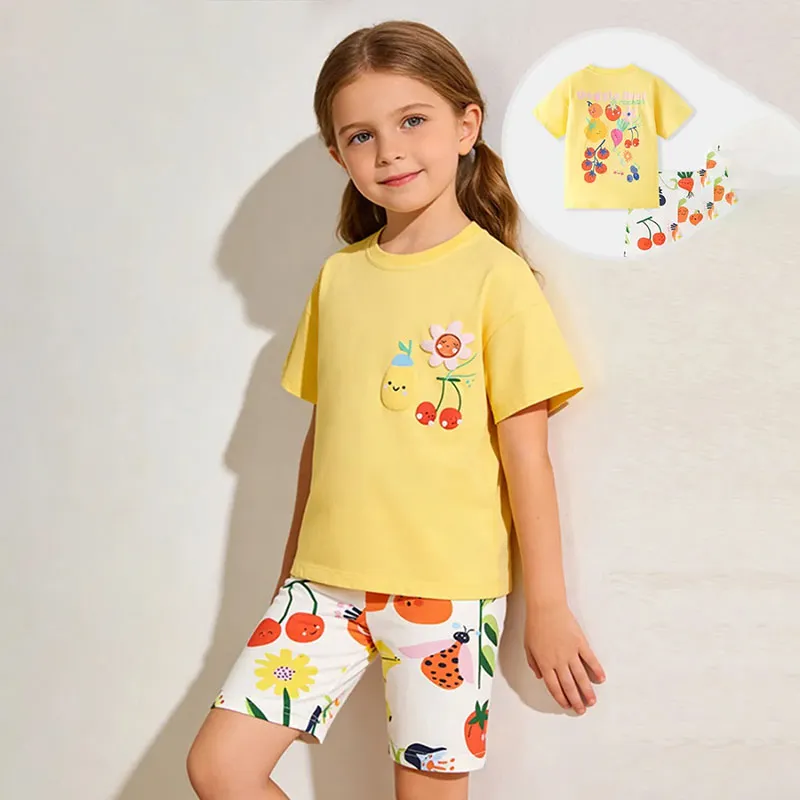 Kids Girls Fashion Casual Summer Cartoon Fruit Printed Round Neck Short Sleeve T-Shirt and Loose Shorts Two-Piece Set