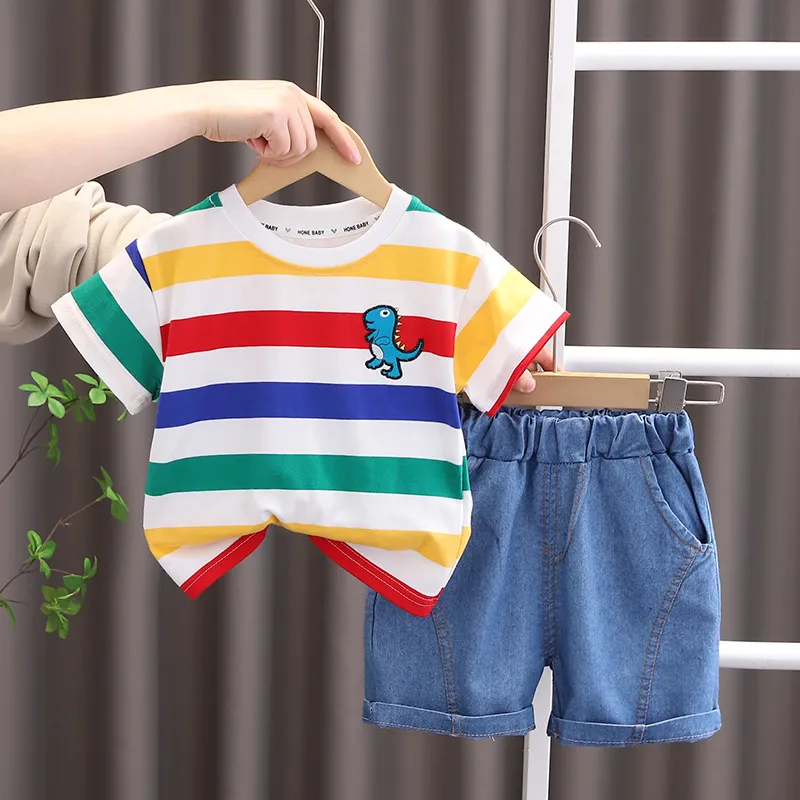Kids Boys' Fashion Casual Summer Color Strip Short-Sleeve T-Shirt Thin Shorts Two-Piece Set