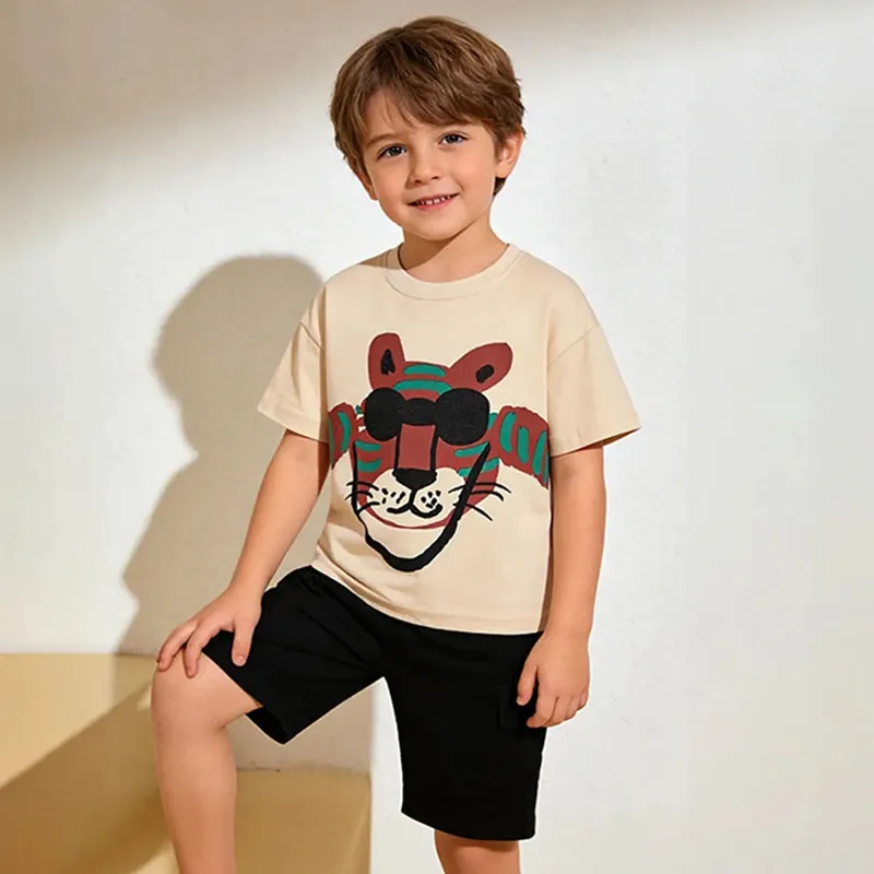 Kids Boys Fashion Casual Summer Cartoon Tiger Print Short-Sleeve T-Shirt and Shorts Two-Piece Set