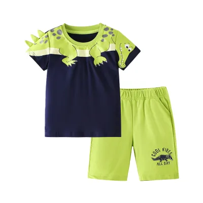 Kids Boys Fashion Casual Summer Cartoon Animal Print Round Neck Short-Sleeve T-Shirt and Shorts Two-Piece Set