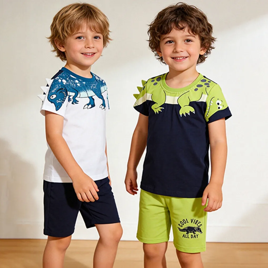 Kids Boys Fashion Casual Summer Cartoon Animal Print Round Neck Short-Sleeve T-Shirt and Shorts Two-Piece Set