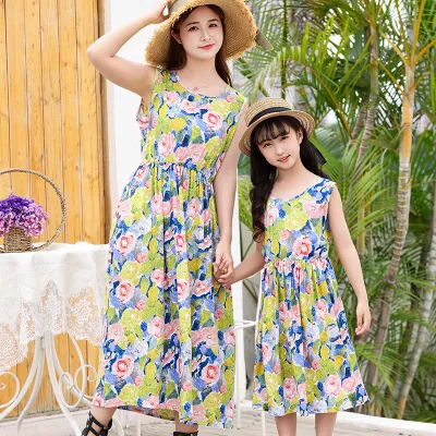 Fashion Casual Summer Parent-Child Floral Printed Sleeveless Breathable Loose Dress