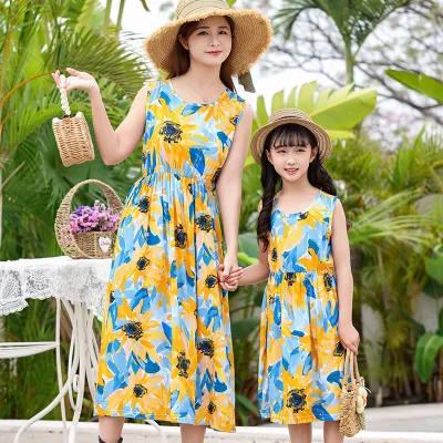 Fashion Casual Summer Parent-Child Floral Printed Sleeveless Breathable Loose Dress