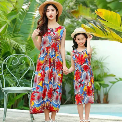 Fashion Summer Parent-Child Floral Printed Sleeveless Breathable Loose Dress for Women