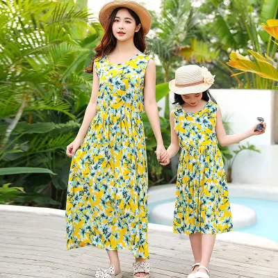 Fashion Summer Parent-Child Floral Printed Sleeveless Breathable Loose Dress for Women