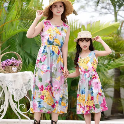 Fashion Summer Parent-Child Floral Printed Sleeveless Breathable Loose Dress for Women