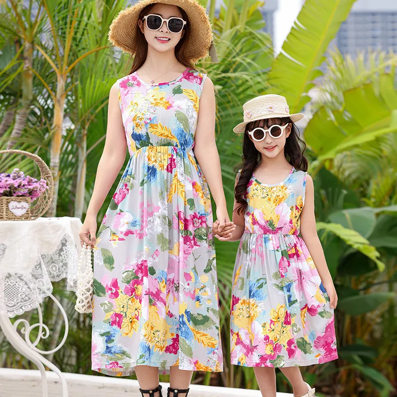 Fashion Summer Parent-Child Floral Printed Sleeveless Breathable Loose Dress for Women