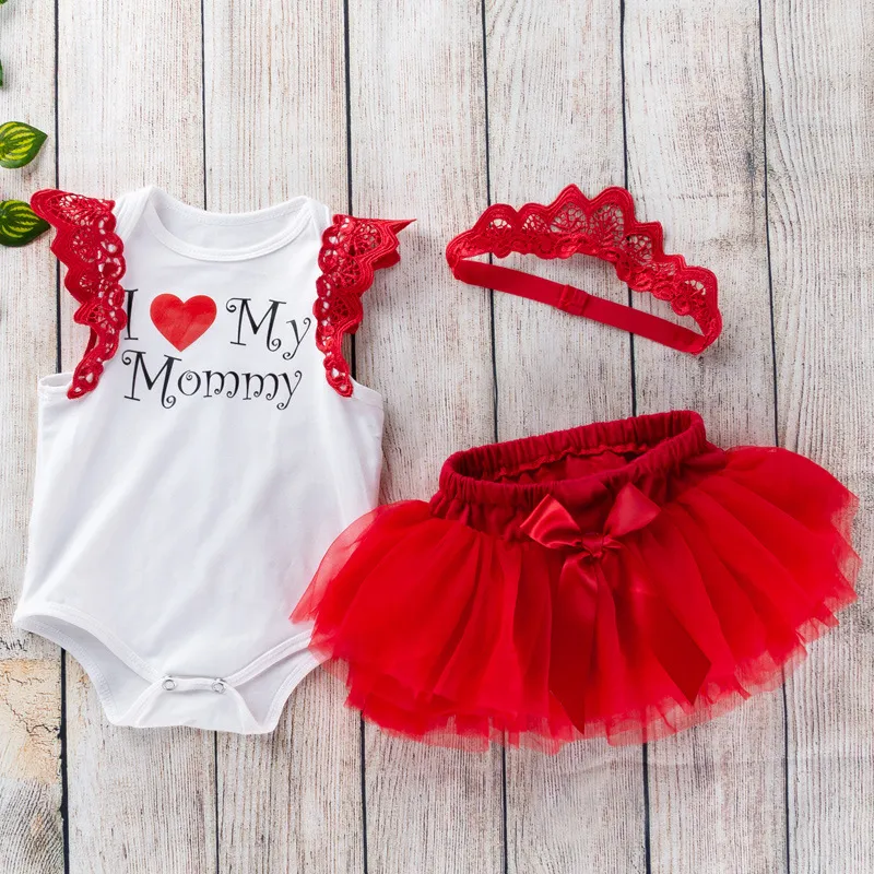 Kids Baby Girls Mother'S Day I Love Mom Printed Rompers Mesh Skirts Hairband Three-Piece Set