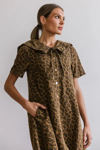 Women Fashion Casual Leopard Short Sleeve Denim Dress