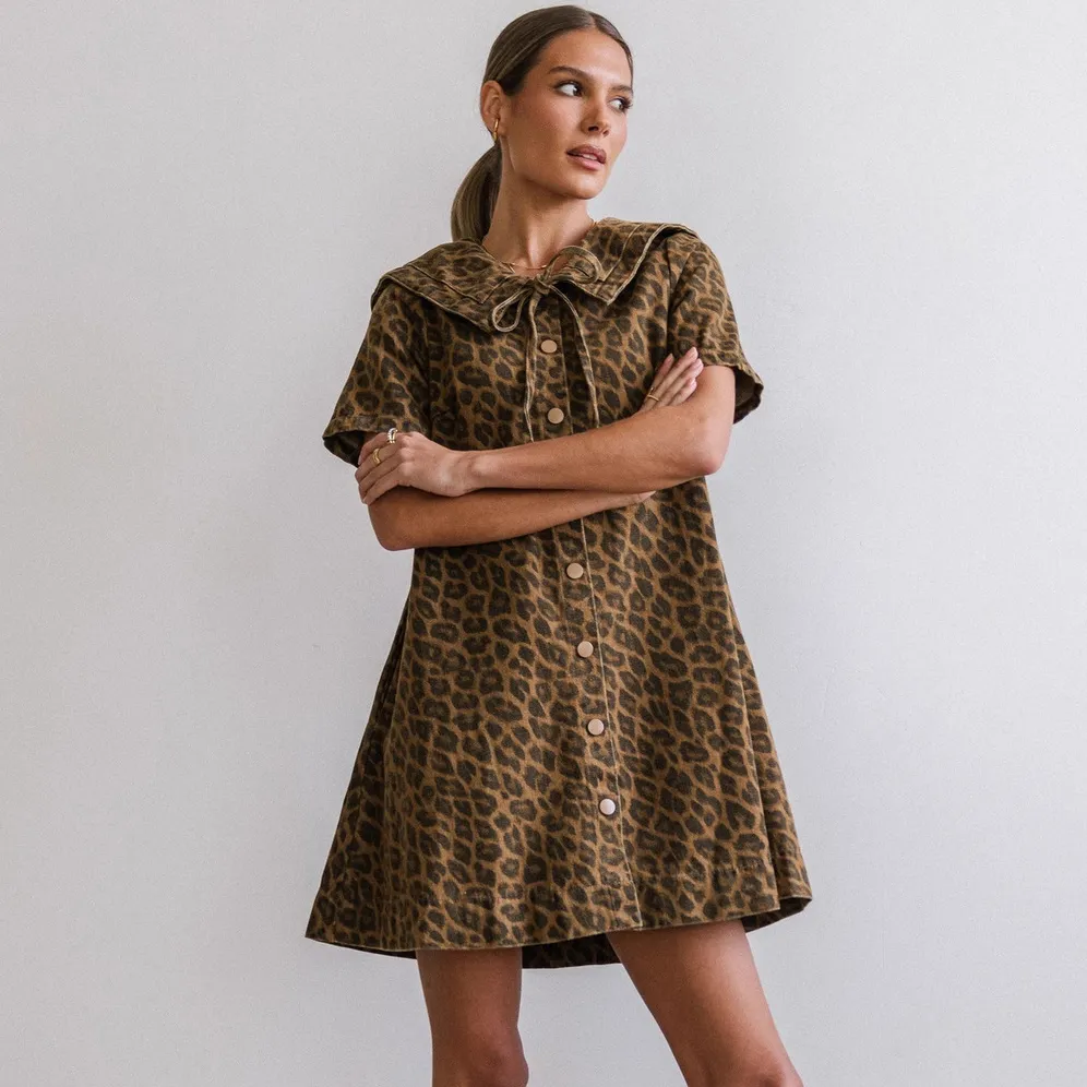 Women Fashion Casual Leopard Short Sleeve Denim Dress
