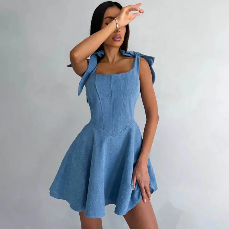 Women Spring And Summer Fashion Square Collar Lace-Up Fishbone Waist Denim Dress