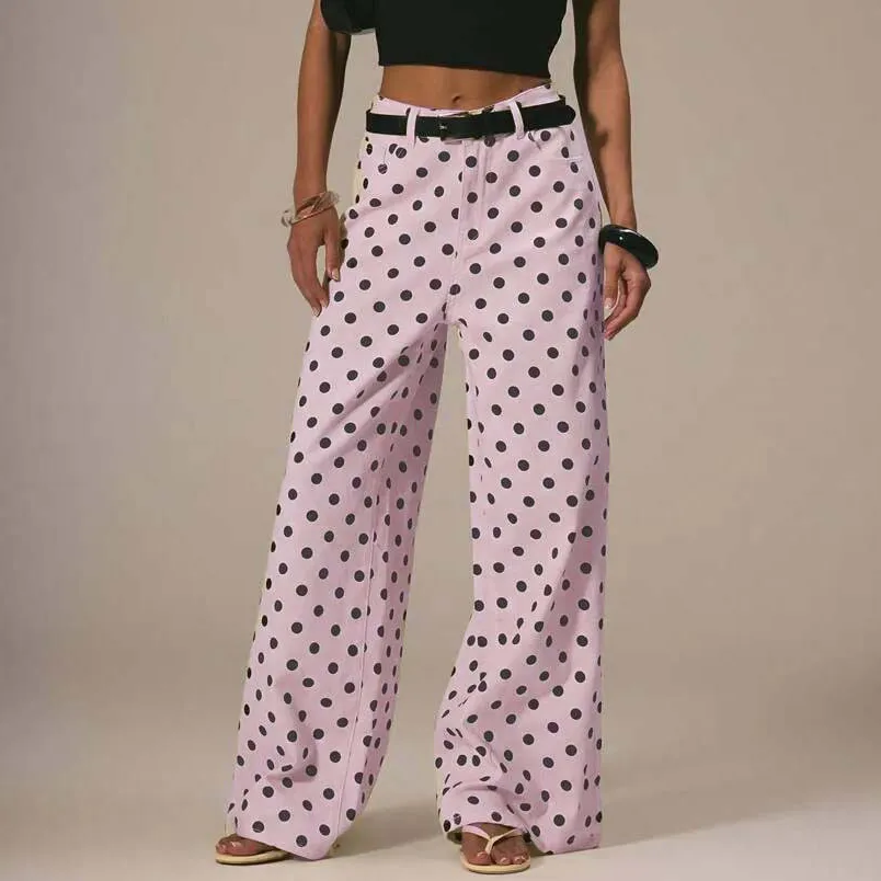 Distinctive Women Fashion Polo Dot Print Mid-Waist Non-Elastic Wide-Leg Jeans