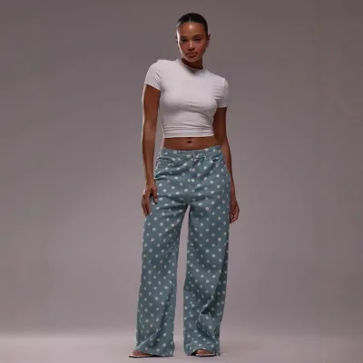 Distinctive Women Fashion Polo Dot Print Mid-Waist Non-Elastic Wide-Leg Jeans
