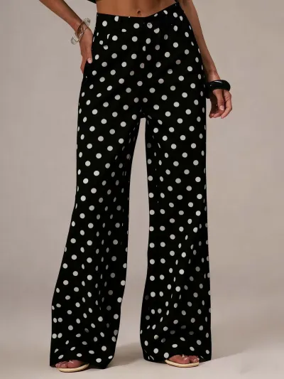 Distinctive Women Fashion Polo Dot Print Mid-Waist Non-Elastic Wide-Leg Jeans