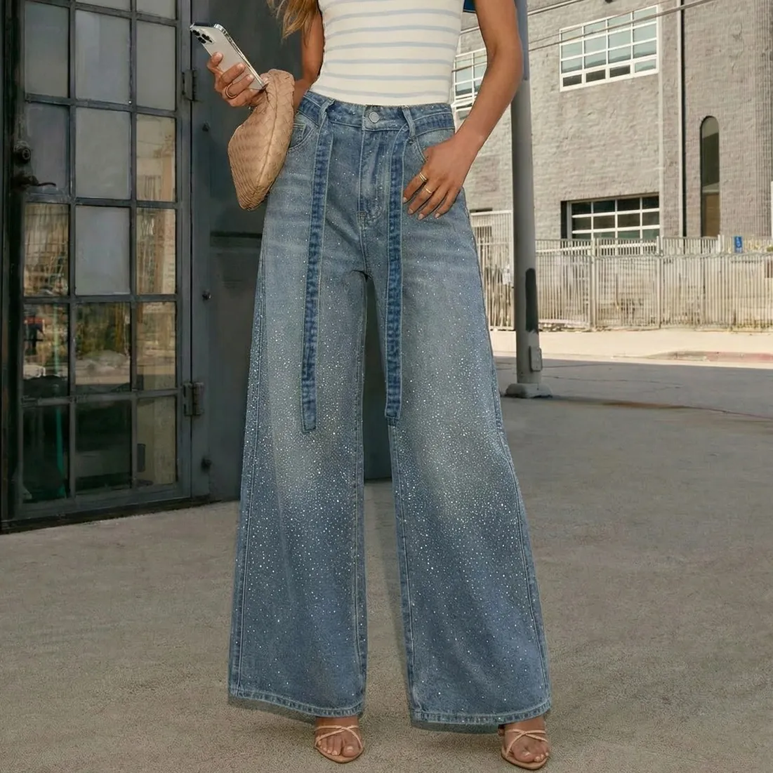 Women Fashion Rhinestone Wide Leg Jeans