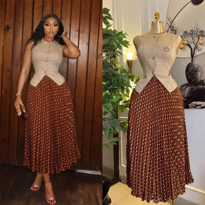 Women Fashion Elegant Summer Sleeveless Vest Polka Dot Print Pleated Maxi Skirt African Two-Piece Set