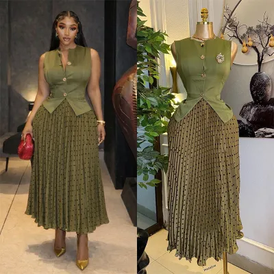 Women Fashion Elegant Summer Sleeveless Vest Polka Dot Print Pleated Maxi Skirt African Two-Piece Set