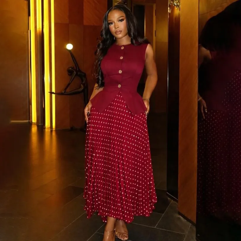 Women Fashion Elegant Summer Sleeveless Vest Polka Dot Print Pleated Maxi Skirt African Two-Piece Set