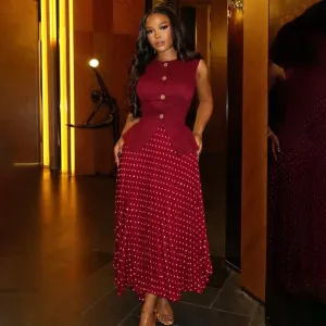 Women Fashion Elegant Summer Sleeveless Vest Polka Dot Print Pleated Maxi Skirt African Two-Piece Set