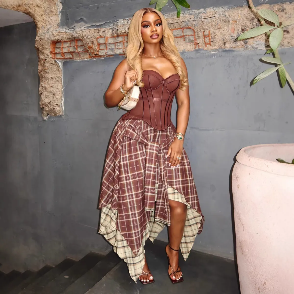 Women Fashion Retro Elegant Summer Camisole Irregular Plaid High Waist Maxi Skirt Two-Piece Set