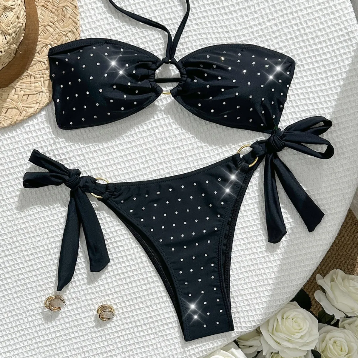 Women Fashion Sexy Rhinestone Halter-Neck Lace-Up Bikini Swimsuit