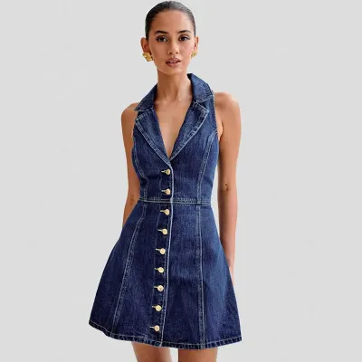 Women Retro Elegant Neck Denim Dress
