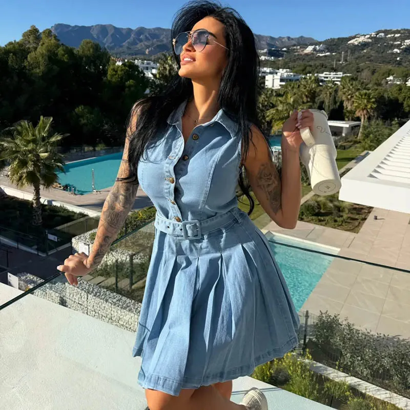 Women Fashion Sleeveless Single-Breasted Denim Dress