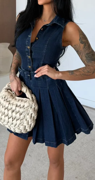 Women Fashion Sleeveless Single-Breasted Denim Dress