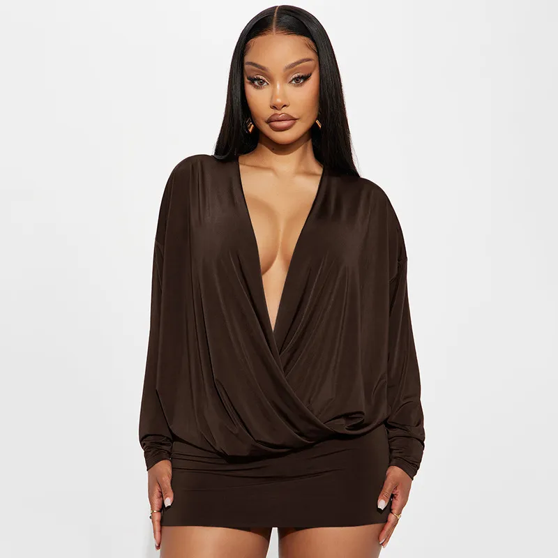 Women Fashion Sexy Solid Color Deep V-Neck Cowl Neck Long-Sleeve Dress