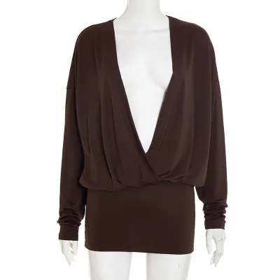 Women Fashion Sexy Solid Color Deep V-Neck Cowl Neck Long-Sleeve Dress