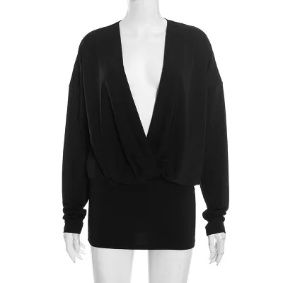 Women Fashion Sexy Solid Color Deep V-Neck Cowl Neck Long-Sleeve Dress