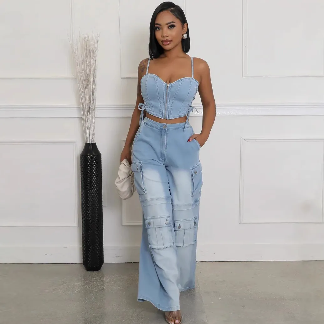 Women Fashion Sling Top And Straight Cargo Jeans Denim Two-Piece Set