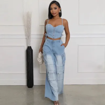 Women Fashion Sling Top And Straight Cargo Jeans Denim Two-Piece Set