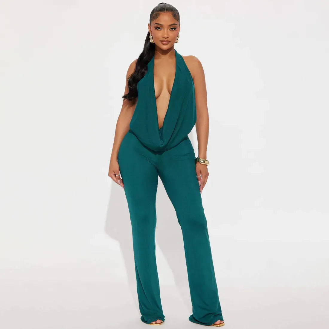 Women Fashion Sexy Solid Color Cowl Neck Backless Lace-Up Top Slim-Fit Pants Two-Piece Set