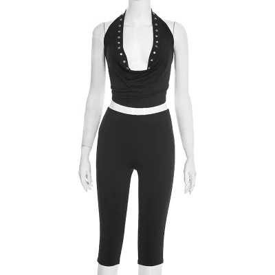 Women Fashion Sexy Summer Solid Color Hollow-Out Cowl Neck Top Tight Pants Two-Piece Set