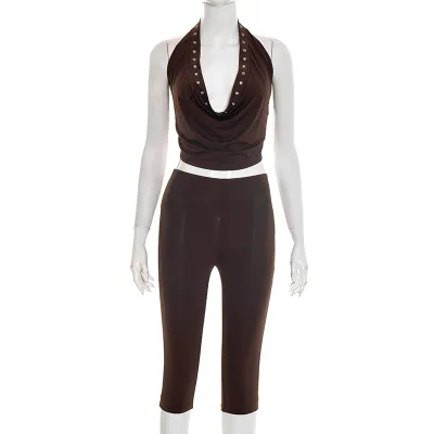 Women Fashion Sexy Summer Solid Color Hollow-Out Cowl Neck Top Tight Pants Two-Piece Set
