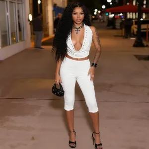 Women Fashion Sexy Summer Solid Color Hollow-Out Cowl Neck Top Tight Pants Two-Piece Set