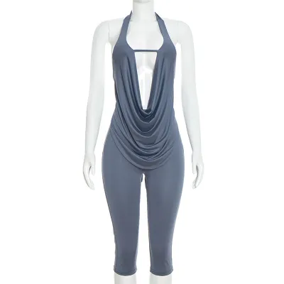 Women Fashion Sexy Spring Solid Color Cowl Neck Backless Top Slim-Fit Pants Two-Piece Set