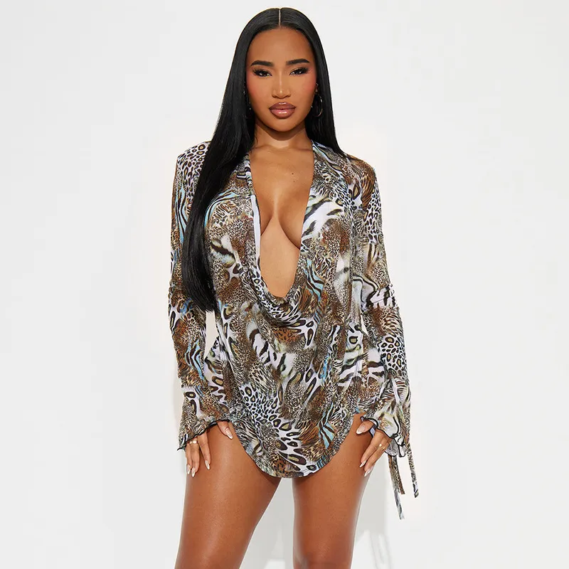 Women Fashion Sexy Leopard Print Cowl Neck Long-Sleeve Backless Top Drawstring Shorts Two-Piece Set