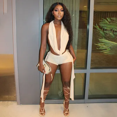 Women Fashion Sexy Summer Solid Color Cowl Neck Sleeveless Backless Top Tight Strap Shorts Two-Piece Set