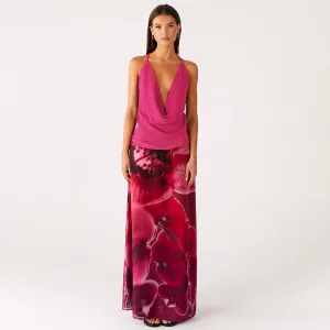 Women Fashion Sexy Summer Cowl Neck Backless Top Mesh Printed Slim-Fit Maxi Skirt Two-Piece Set